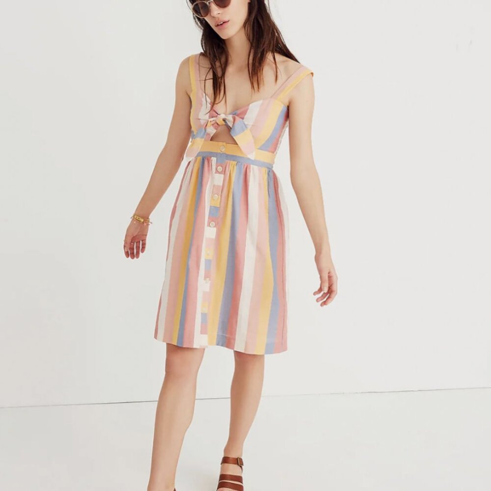 Never Worn Madewell Tie-Front Cutout Dress in Sherbet Stripe, 00, ANTIQUE CORAL